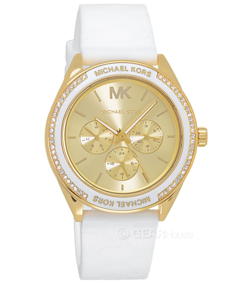 Michael Kors Jessa Womens Glitz Watch, Gold Dial, White Silicone